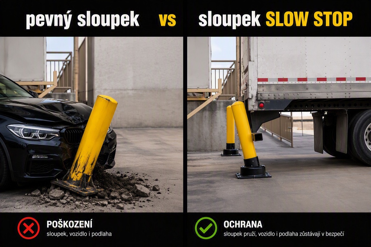 porovnání pevného ochranného sloupku a pružného sloupku SLOW STOP po nárazu vozidla.